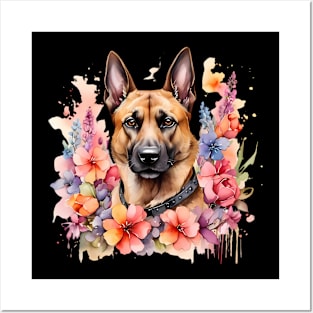 A malinois decorated with beautiful watercolor flowers Posters and Art